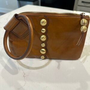Brown Leather Wristlet with Gold Accents-HOBO